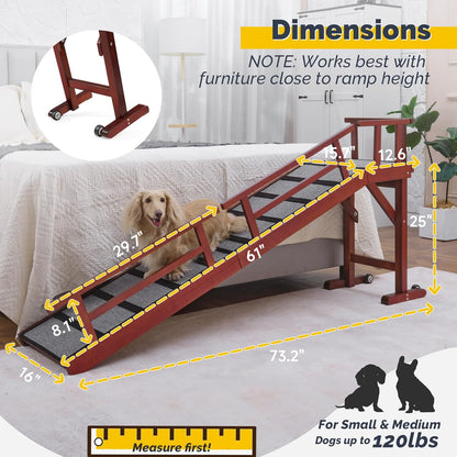 Dog Ramp for Bed or Couch, Wooden Pet Ramp with 20° Gentle Slope, Removable Side Rails, Non-Slip Surface, Top Platform & Wheels, Safe Bed Ramp for Small, Medium & Senior Dogs, 74" Long, Mahogany