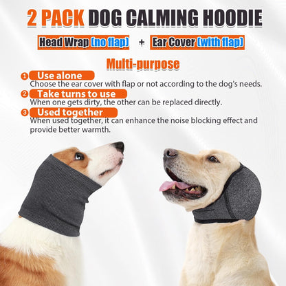 SlowTon Quiet Ears Dog Hoodie - 2 Pcs Ear Wrap Dog Ear Muffs Noise Protection, Anxiety Relief Dogs Hat Calming Hood Head Cover, Pet Headband Dogs Ear Protector for Grooming, Force Drying (Grey,S)
