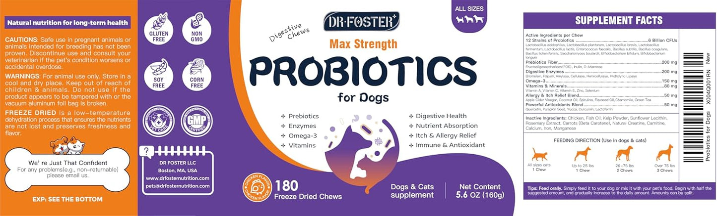 DRFOSTER Probiotics for Dogs, Freeze-Dried Dog Probiotics and Digestive Enzymes, Plus Omega-3 for Itchy Skin, Prebiotics for Digestive Health, Dog Vitamins and Supplements for Immune Health, 180 Bites