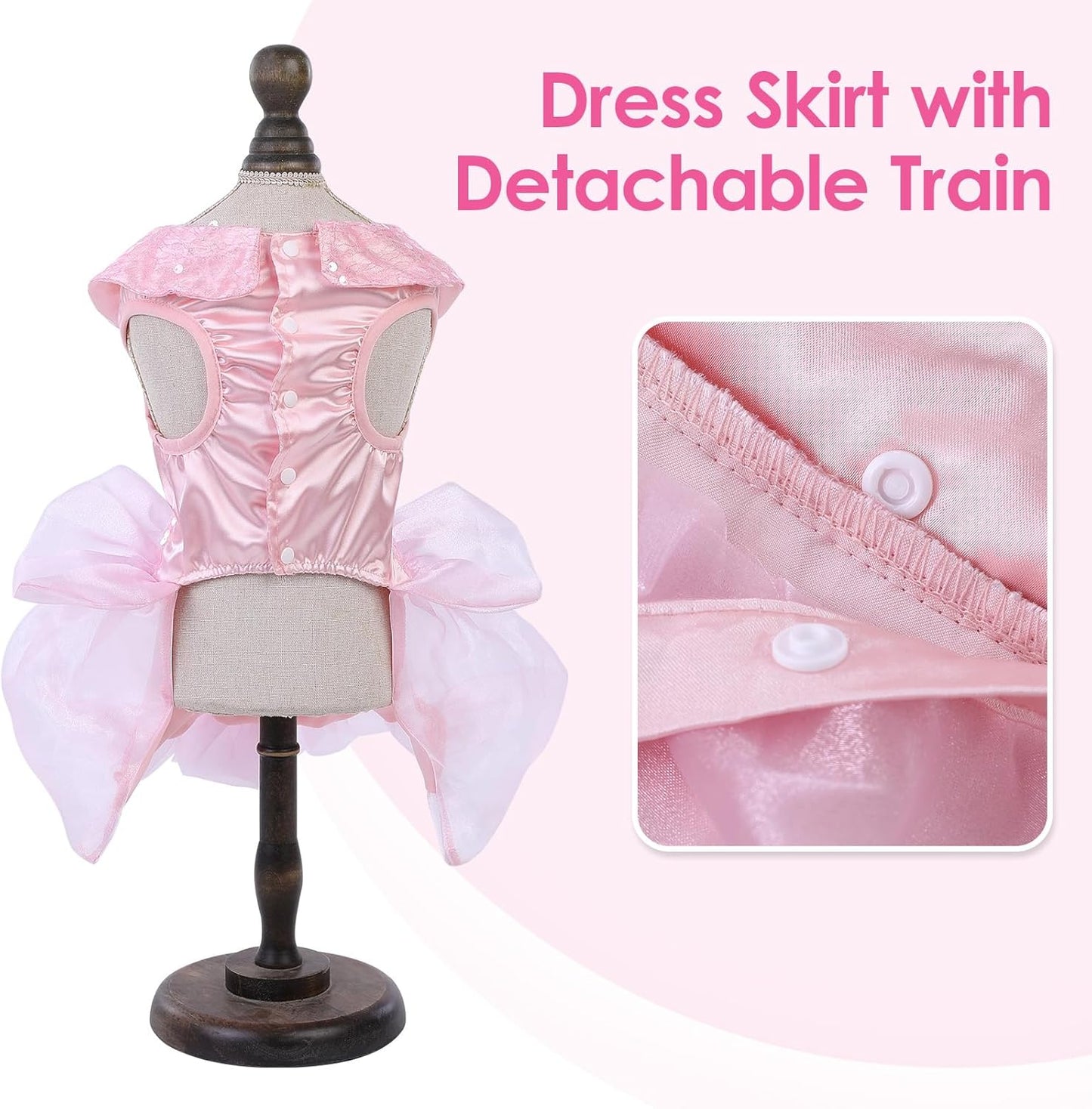 ASENKU Dog Dress, Dog Wedding Dress Skirt with Detachable Hemline, Princess Lace Puppy Christmas Birthday Party Outfit Formal Costume with Sequins Bow for Medium Large Dogs (Pink, Large)