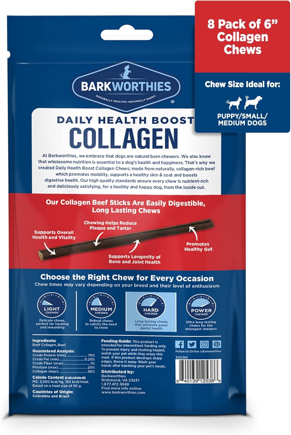 Barkworthies Plain Collagen Sticks - 6 Inch 8 Count (Pack of 1) - Long-Lasting, Single Ingredient