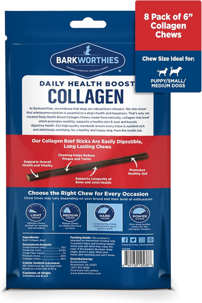 Barkworthies Plain Collagen Sticks - 6 Inch 8 Count (Pack of 1) - Long-Lasting, Single Ingredient