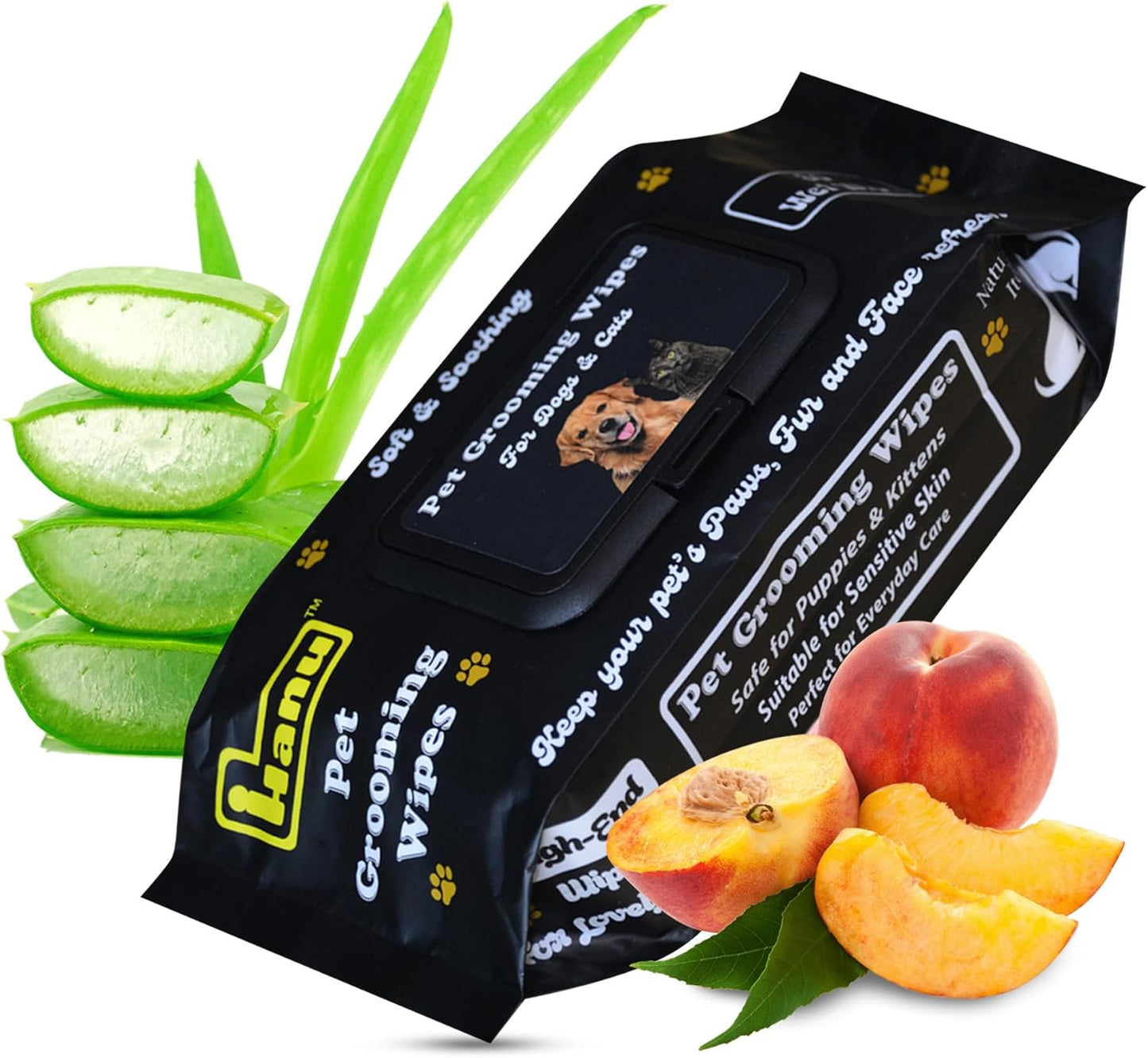 Hanu Pet Wipes for Dogs and Cats, Hypoallergenic, Cleans Tear Stains, Itching Relief, for face,Paws, Body and Butt, Peach Oolong