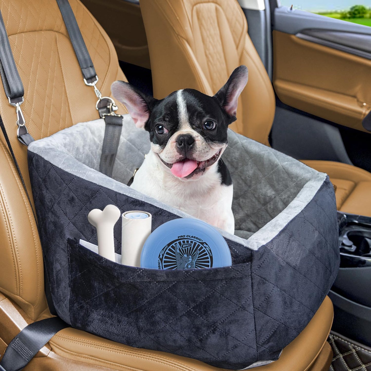 Dog Car Seat for Small Medium Dogs Under 30lbs Pet Booster Seat with Safety Leash and Storage Pockets Detachable Washable Puppy Car Seat Travel Bed to Front Backseat (Black&Grey)