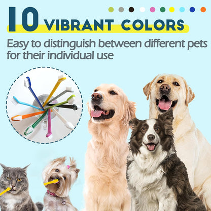 Dog Toothbrush Set of 10 - Dual Headed Tooth Brushes for Small to Large Dogs, Cat, Puppy, Kitten & Most Pet, Double Sided Teeth Cleaning Bulk Kit with Soft Bristles Long Handle, 10 Colors