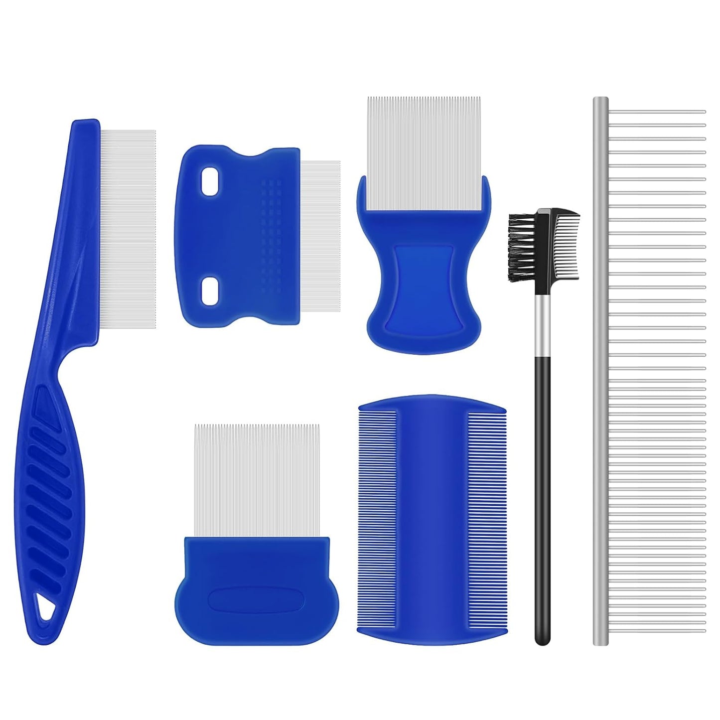 WRW 7 Pack Flea Lice Comb,Stainless Steel Dog Cat Grooming Combs with Fine & Wide Tooth, Double-Sided Tear Stain Remover,Tick Removal Tool, Dematting Tool for Small, Medium & Large Pets