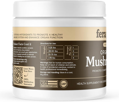 Fera Pets Mushroom Supplement for Dogs & Cats with Turkey Tail - USDA Organic - Cognitive and Immune Support - Enhances Liver Function - Supports a Healthy Gut - Powder - 120 Scoops