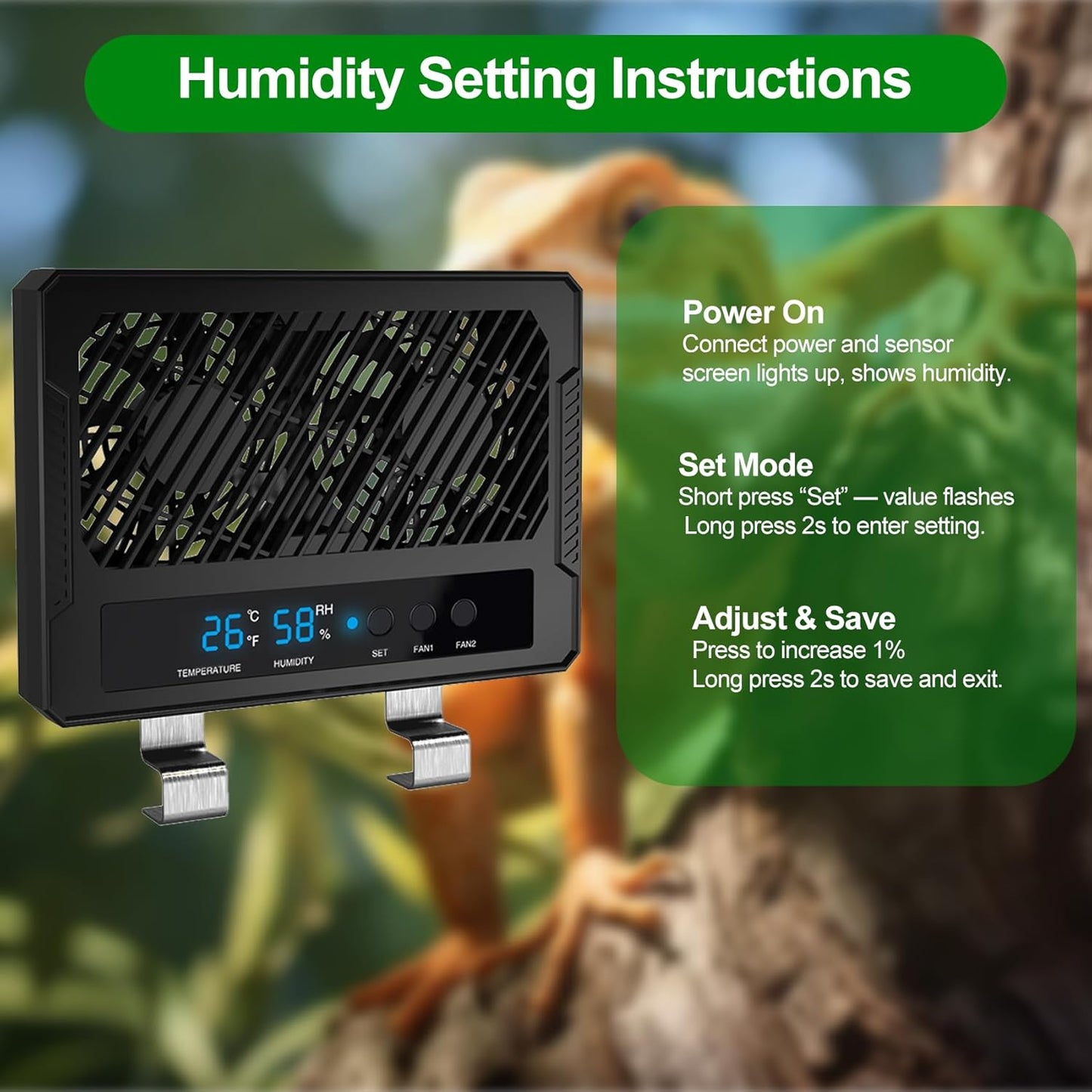 Reptile Dual-Head Temperature & Humidity Fan – Quiet Automatic Climate Control with Digital Display for Terrariums, Reptiles & Amphibians