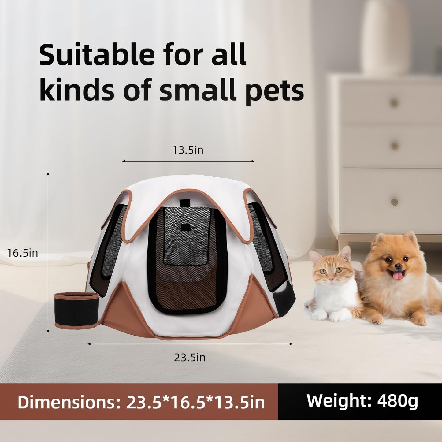 Foldable Portable Pet Playpen with Feeding Bowls, Indoor Outdoor Pet Tent for Dogs Cats Rabbits Chickens, Travel Camping Pet Enclosure(Brown)