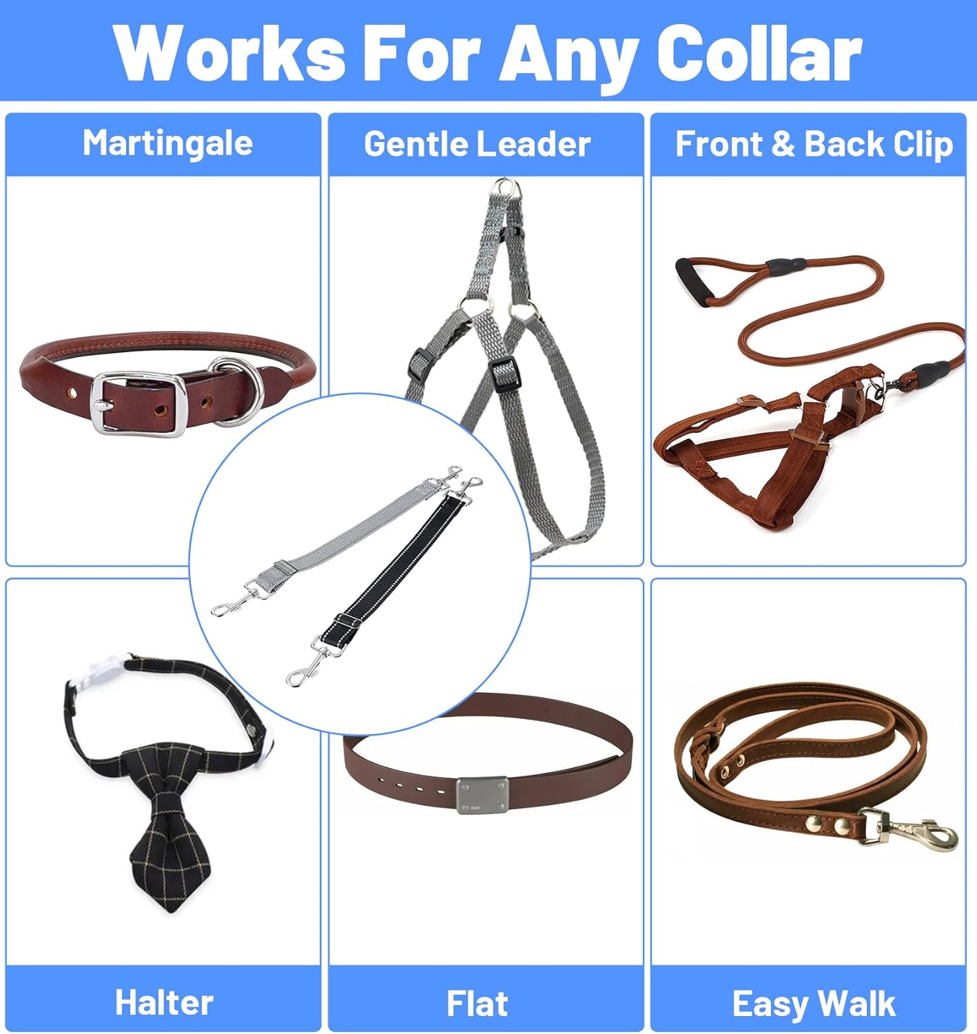 2 Pack Dog Collar Safety Clip, Adjustable Dog Safety Clip with Reflective Double Ended Backup Clasp, Leash Connector for Harness to Collar (Grey & Black)