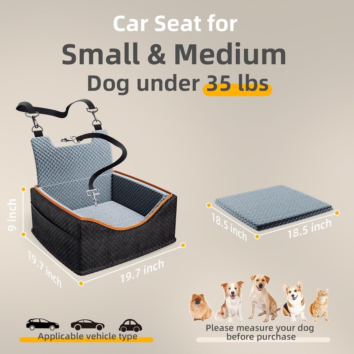 Dog Car Seat - Upgrade Super Soft Memory Foam Booster Car Seats for Small Medium Dogs, Dog Bed Washable with Storage Pockets Clip-On Safety Leash and Foam Filling Pet Travel Accessories up to 35lbs