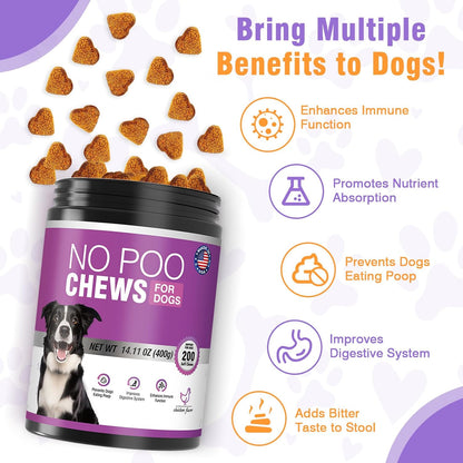 200 Chews No Poo Chews-No Poop Eating Deterrent for Dog-Coprophagia Deterrent for Dogs-Prevent Stop Dogs from Eating Poop Supplement with Digestive Enzymes&Probiotics-Breath Freshener-Chicken Flavor