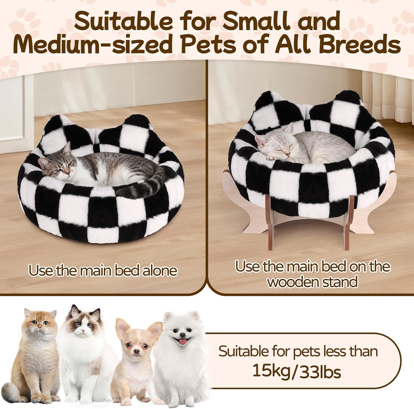 Elevated Cat Bed for Indoor Cats, Pet Couch Bed with Removable Fluffy Cushion, Wooden Stand, 18” x 11” Raised Cat Sofa for Kitty Puppy, Checkered Soft Cushion Cats Furniture
