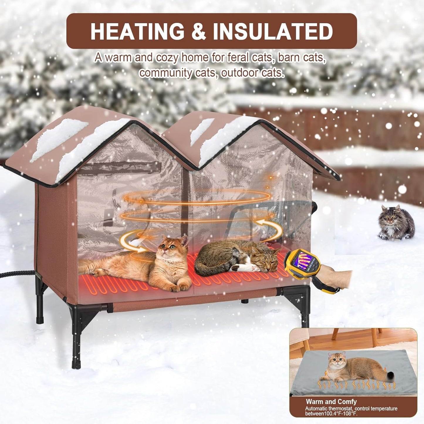 Heated Cat House for Outside in Winter Insulated Elevated Outdoor Cat House Weatherproof, Escape Door, Large Feral Cat Shelter Heated Bed for 2~3 Cats Stray Barn Kitty, Easy Assembly