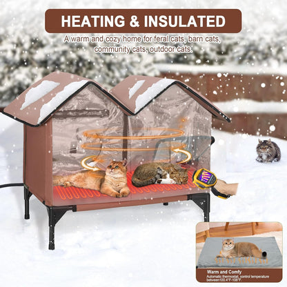 Heated Cat House for Outside in Winter Insulated Elevated Outdoor Cat House Weatherproof, Escape Door, Large Feral Cat Shelter Heated Bed for 2~3 Cats Stray Barn Kitty, Easy Assembly
