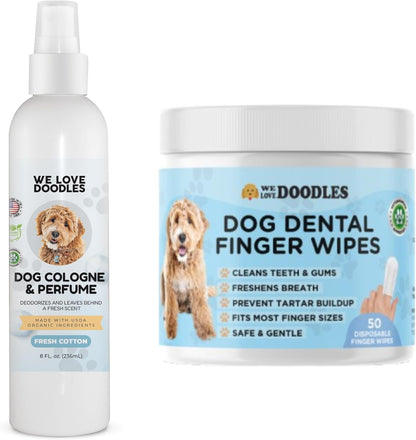 We Love Doodles 50 pcs Dog Teeth Cleaning Wipes & Dog Cologne Bundle - Pet Dental Finger Wipes for Dogs, Freshens Breath Dog Dental Wipes, Pawfume After Bath for Smelly Dogs, Fresh Cotton