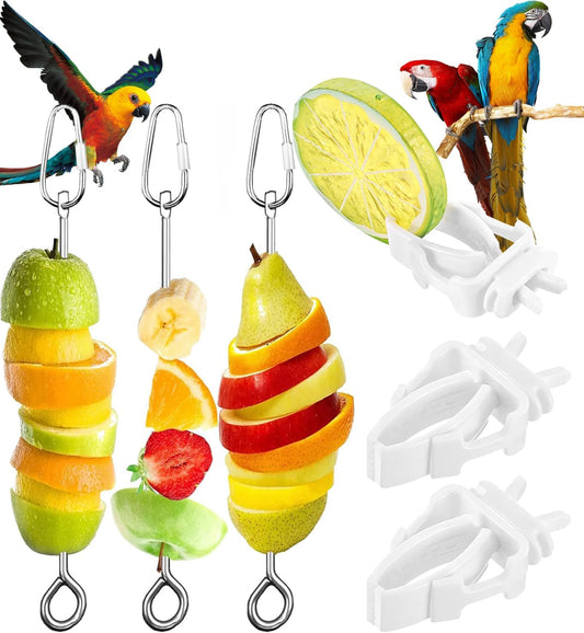 6 PCS Bird Treats Skewer, Parakeet Hanging Food Holder, Stainless Steel Fruit Vegetable Stick Holder, Cockatoo Cockatiel Cage Treating Tool, Hanging Foraging Bird Toys
