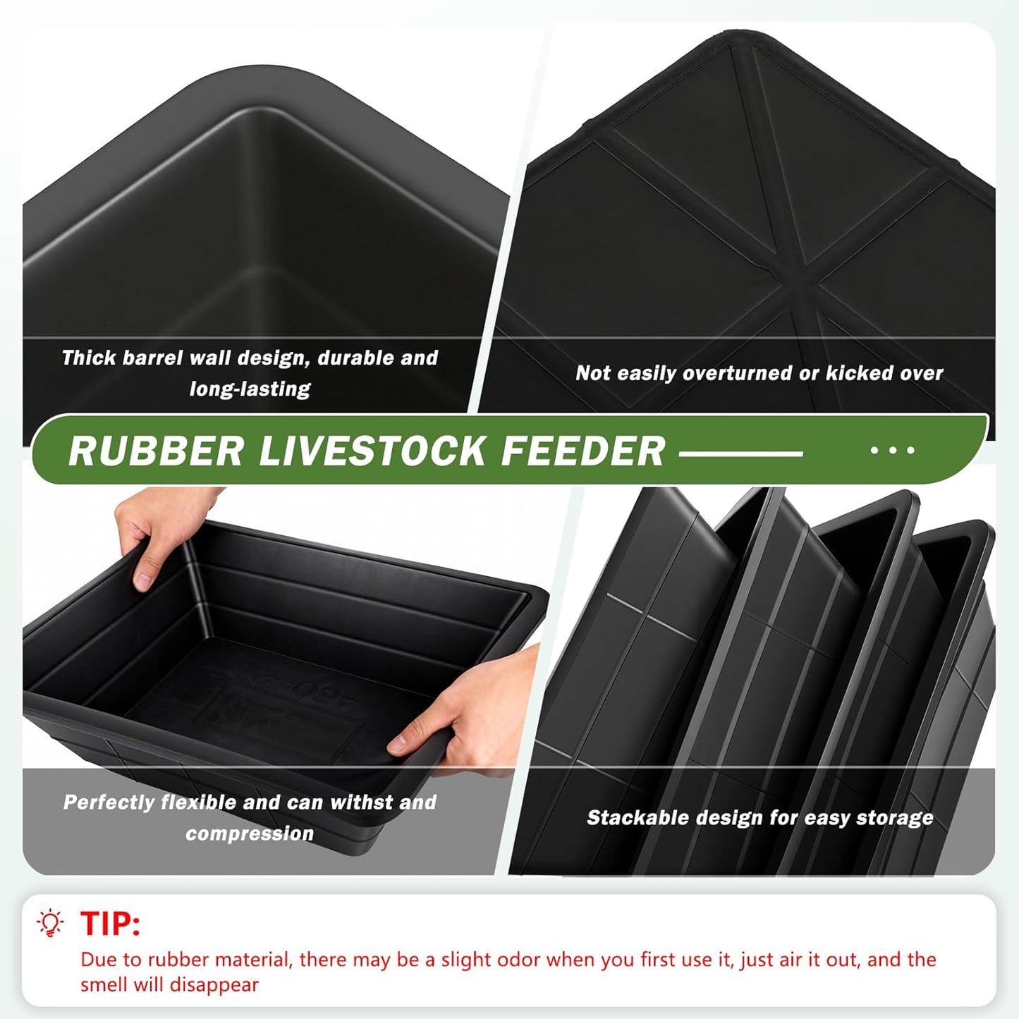 4Pcs Rubber Feed Pan, 3 Gallon Durable Rubber Feed Pan Chicken Dust Bath Livestock Water Bowl for Pig Goat Chicken Dogs Farm Small Animal