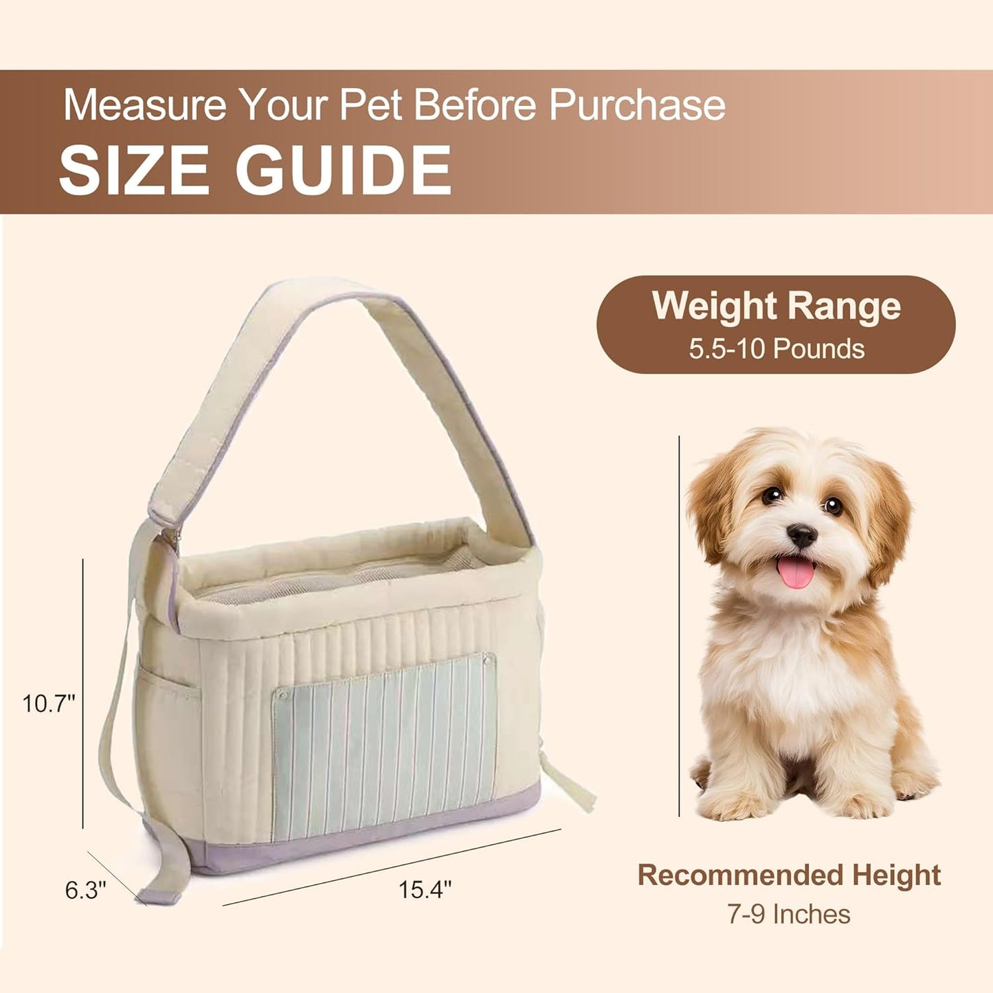 Stylish Quilted Dog Sling Carrier – Hands-Free Pet Shoulder Bag for Small Dogs & Cats, Breathable & Secure Travel Tote up to 10 lbs, Beige