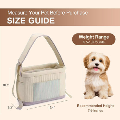 Stylish Quilted Dog Sling Carrier – Hands-Free Pet Shoulder Bag for Small Dogs & Cats, Breathable & Secure Travel Tote up to 10 lbs, Beige