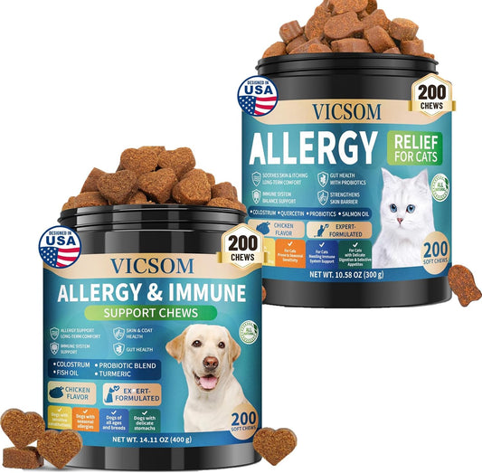 VICSOM Dog & Cat Allergy Relief Chews Bundle, 200 Count Each, Chicken Flavor Soft Chews withOmega-3, Probiotics, Colostrum- Skin, Coat & Digestive Support for Pets