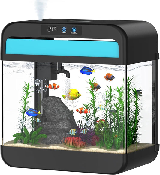 Fish Tank 2.2 Gallon with Humidifier, Fish Bowl 7 Color Auto-Looping Light Aquarium 3 in 1 Water Pump - Filteration & Oxygenation & Circulation, HD Float Glass, Thicken Base, Temperature Display
