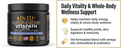 Dr. FD’s VitaPath – Daily Multivitamin for Dogs | Vitamins, Antioxidants & Omegas for Skin, Coat, Immune & Metabolic Health | Natural Beef Flavor | 120 Soft Chews