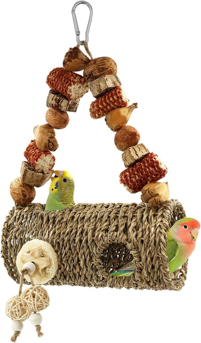 Bird Nest for Cage with Natural Chewing Toys, Hanging Bird Tunnel Bed with Sturdy Metal Frame & Handwoven Breathable Seagrass, Small Parakeet Bed for Lovebird, Canary, Budgie Rest & Chew & Play