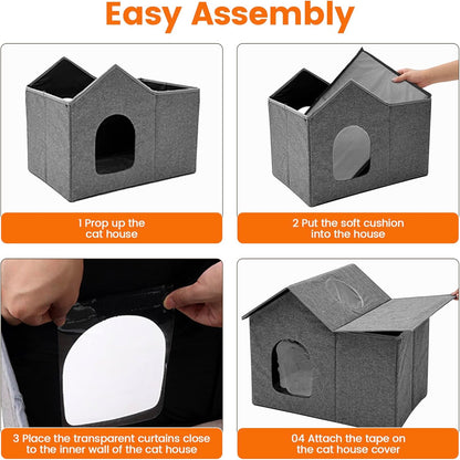 Homegroove Outdoor Cat House Waterproof, Insulated Cat Houses for Outdoor Cats with Removable Soft Mat, Collapsible Feral Cat Shelter for Multiple Cats, Easy to Assemble (Grey, Large)