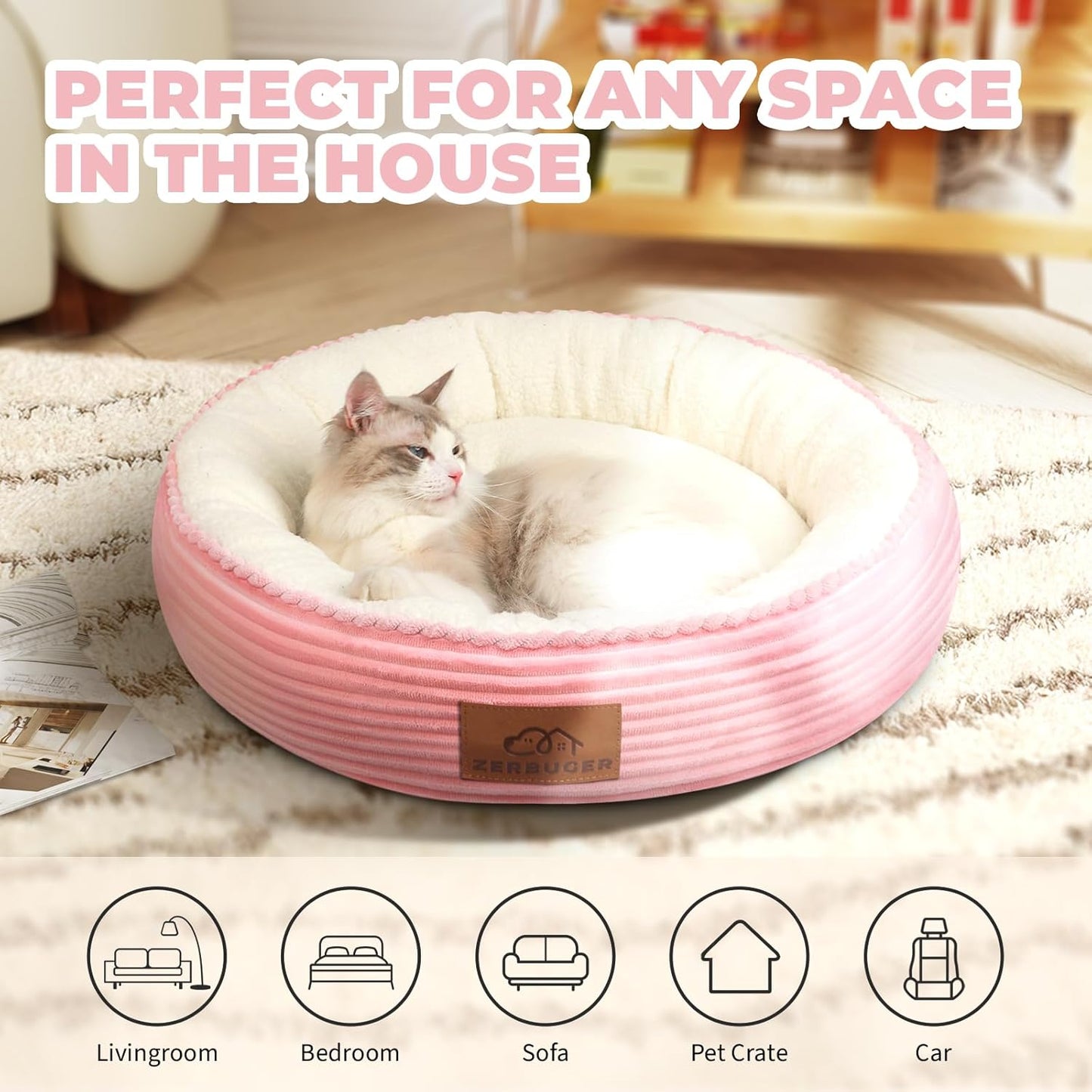 20in Washable Cat Beds for Indoor Cats - Round Donut Pet Bed for Cats, Small Dogs, Puppy, Kitten - Anti-Slip Bottom, Calming Bed Gift - Pink