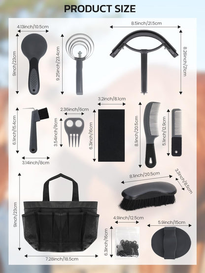 Horse Grooming Kit 12 Pcs – Complete Horse Brushes & Care Supplies Set with Organizer Tote Bag, Equine Coat Grooming Tools, Tack Room Equipment & Gifts for Horse Owners & Lovers