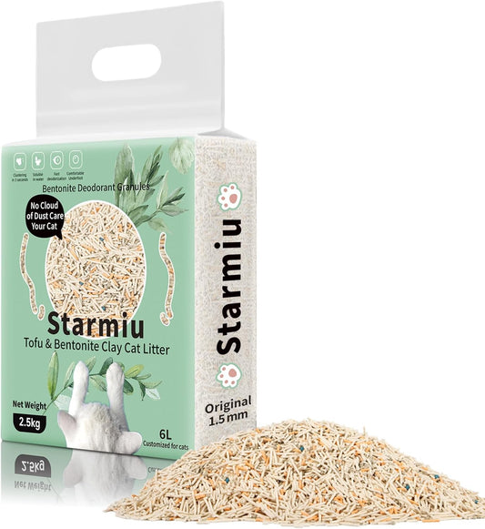 Tofu Mixed Cat Litter, Strong Clumping Kitty Litter Ultra Absorbent 2.5KG 100% Natural Tofu Litters with Bentonite, Flushable, Lightweight, Odor Control, Low Tracking, Dust-Free