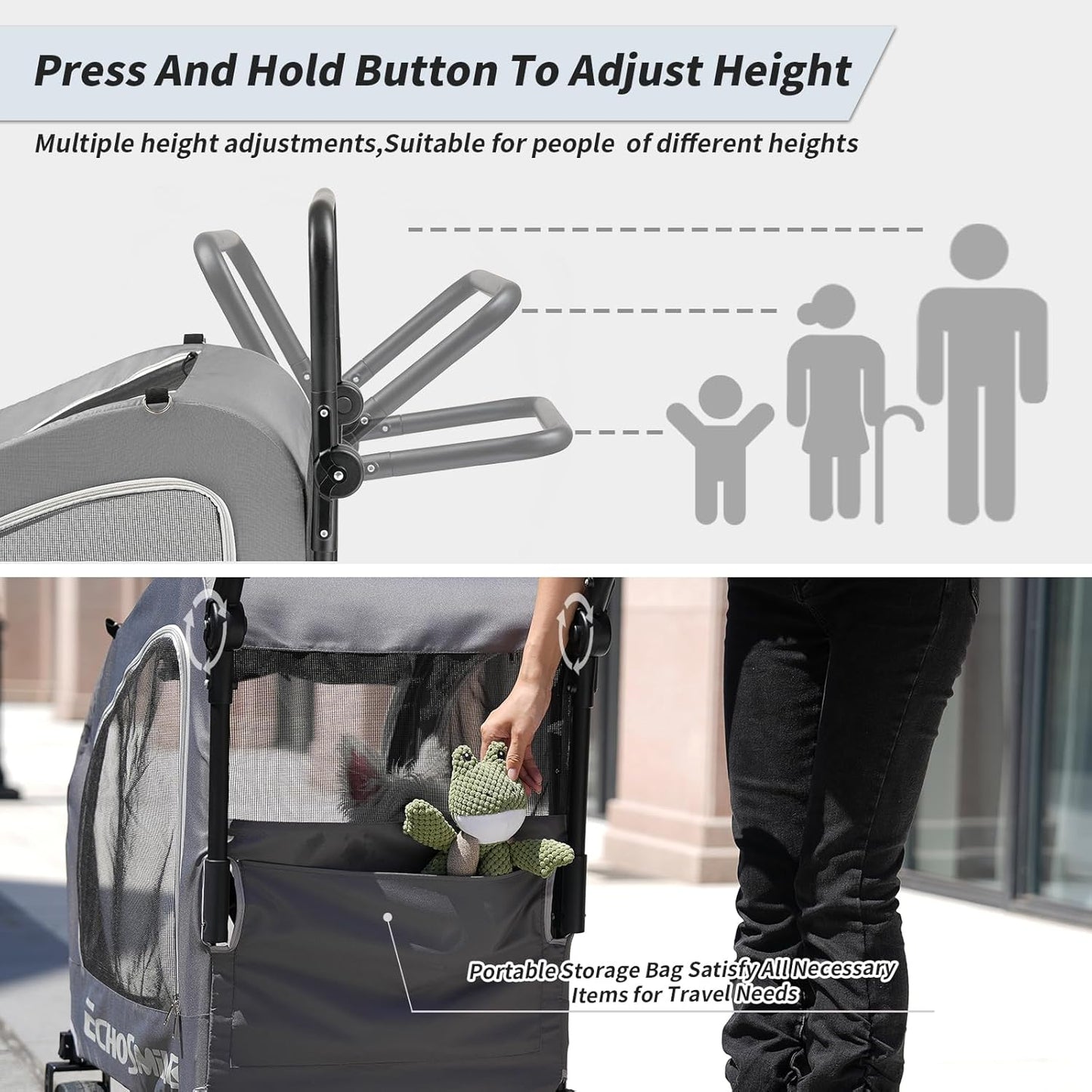 EchoSmile 4 Wheels Pet Stroller, Foldable Dog & Cat Stroller for All-Season, Lightweight Carrier with Storage Basket, Adjustable Handle, Removable Pad, Breathable Mesh, Up to 135 lbs, Grey