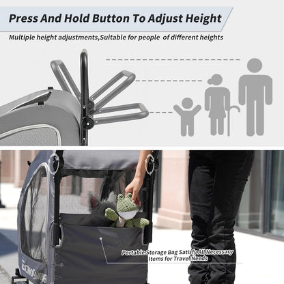EchoSmile 4 Wheels Pet Stroller, Foldable Dog & Cat Stroller for All-Season, Lightweight Carrier with Storage Basket, Adjustable Handle, Removable Pad, Breathable Mesh, Up to 135 lbs, Grey