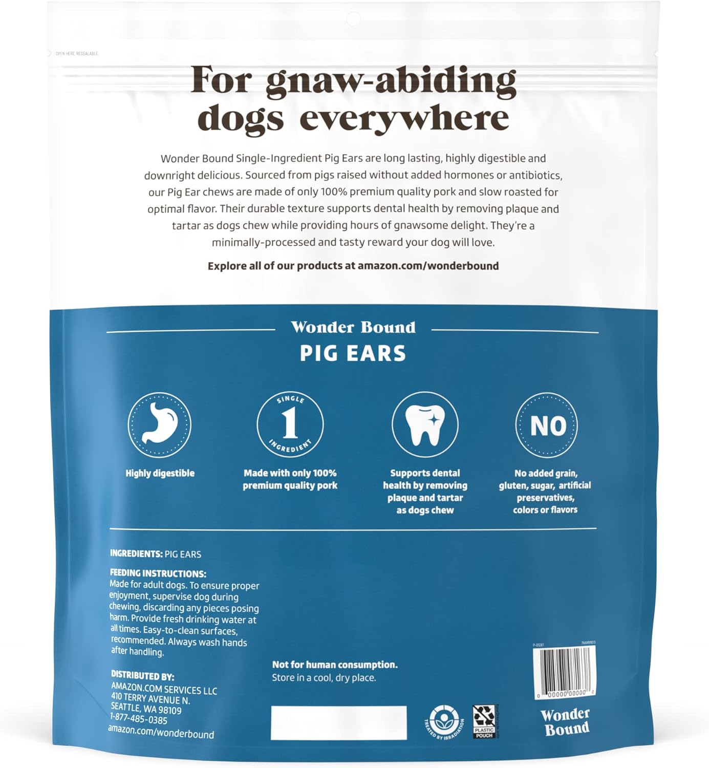 Amazon Brand - Wonder Bound Whole Pig Ears, Single Ingredient, Highly Digestible, Dog Treats for Puppy and Large/Medium Dogs, Pork, 18 Count, 12.7 Ounce (Pack of 2)