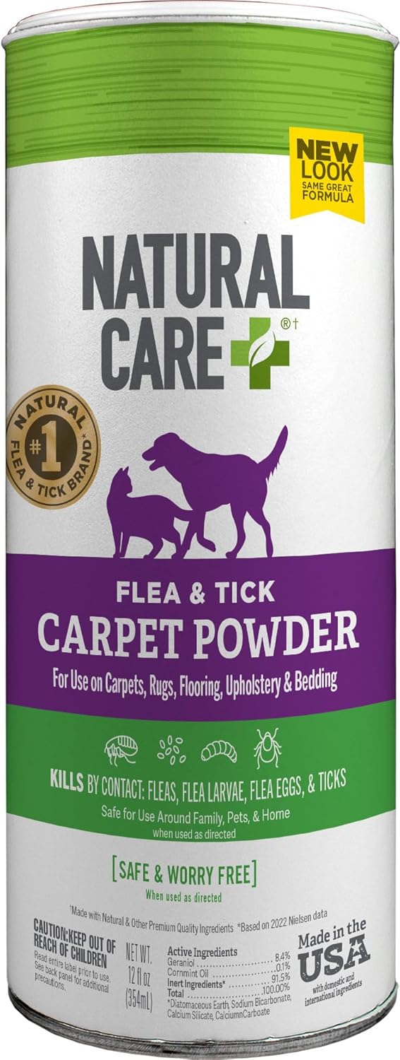 Natural Care Flea and Tick Carpet Powder, Flea & Tick Treatment for Rugs, Carpet, and Pet Bedding, Pet Essential, Pest Prevention, 8.1 oz Canister