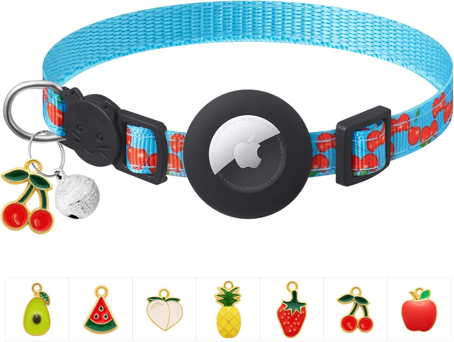 Airtag Cat Collar Breakaway with Bells & Fruit Pendants,Safety Kitten Collar with Apple Air Tag Holder for Girl Boy Cats,Pet Accessories,Gifts(Cherry)