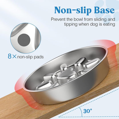 Slow Feeder Dog Bowls, 304 Stainless Steel Slow Feed Pet Bowl with Non-Slip Base for Medium Breed Dogs to Stop Bloat Prevent Choking, Dishwasher Safe, Silver