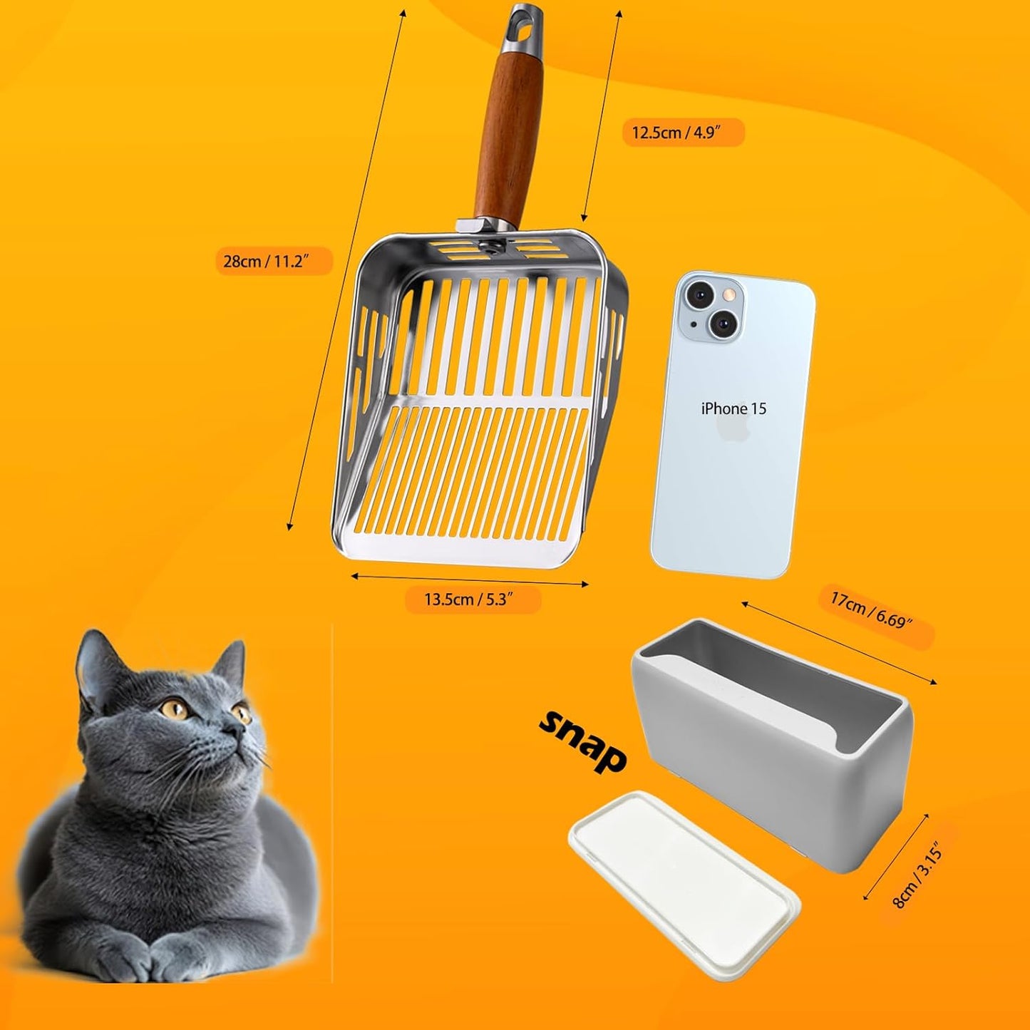 304 Stainless Steel Cat Litter Scoop with Holder Stand, One-Piece Pressed Design with No Weld Spots, Durable Anti-Break Handle, Dual Slot Sizes, Easy to Clean, Filters Small Litter Clumps