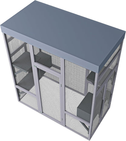 70" Large Catio Outdoor Cat Enclosure, Outdoor Cats Cage with Waterproof Cover,Wooden Walk in Cat Shelter Jumping Platforms & 2 Resting Box, UV Resistant
