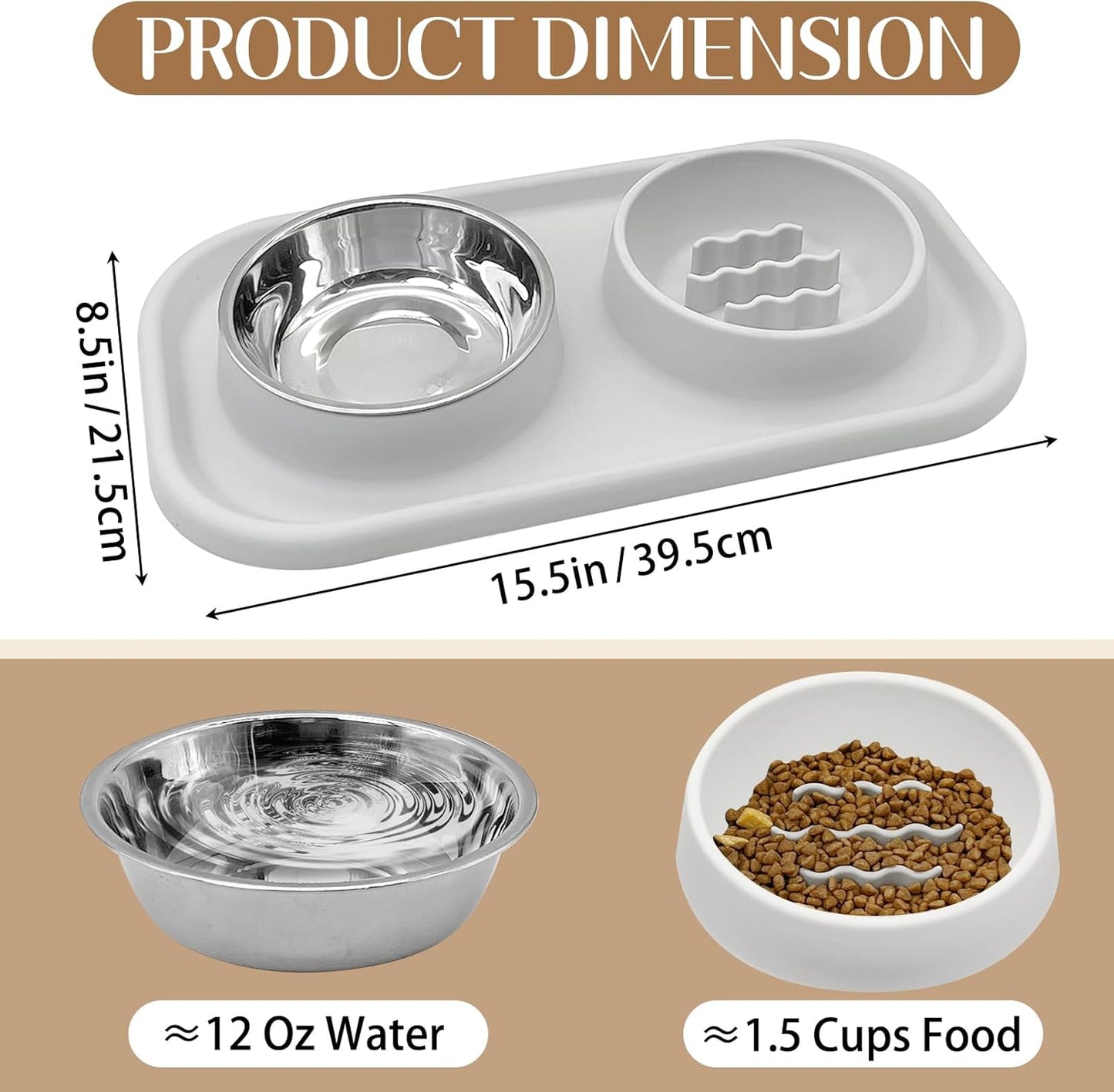 BNOSDM Slow Feeder Dog Cat Bowls, Stainless Steel with Silicone Mat Dog Food and Water Bowls Set, Pet Feeding Dish to Slow Down Eating for Cats and Small Dogs Puppy, Grey