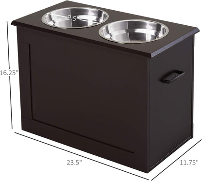 GREAZ Raised Pet Feeding Storage Station for Large Dogs, Improve Comfort and Convenience, with 2 Stainless Steel Bowls, Dark Brown Design