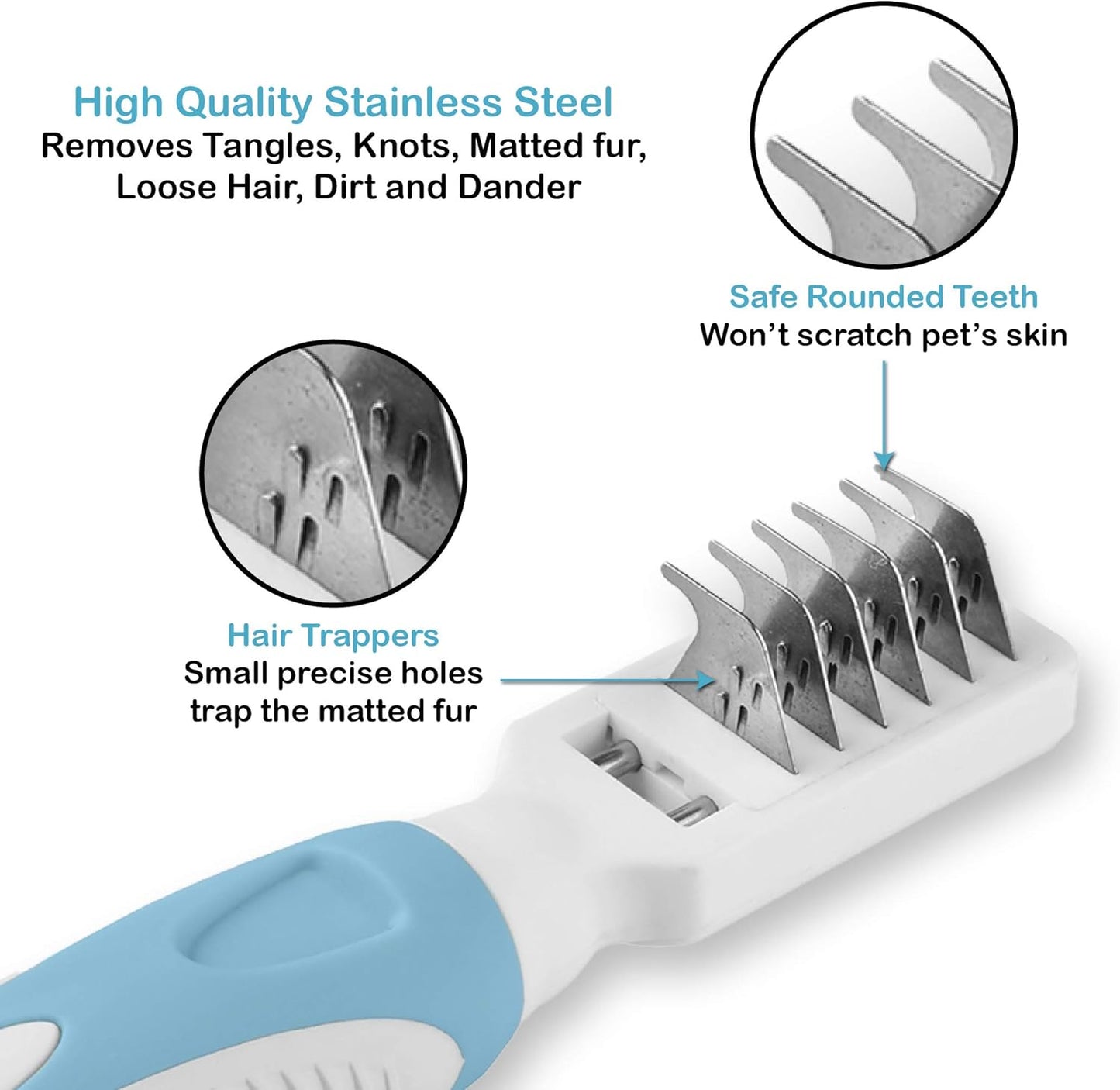 Pets First Professional Pet Mat Remover - Dematting Tool for Grooming Cats & Dogs - Removes Matted Fur, Tangles, Knots, Loose Hair & Dirt - Stainless Steel, Gentle Teeth, Soft Comfort Grip Handle,Blue