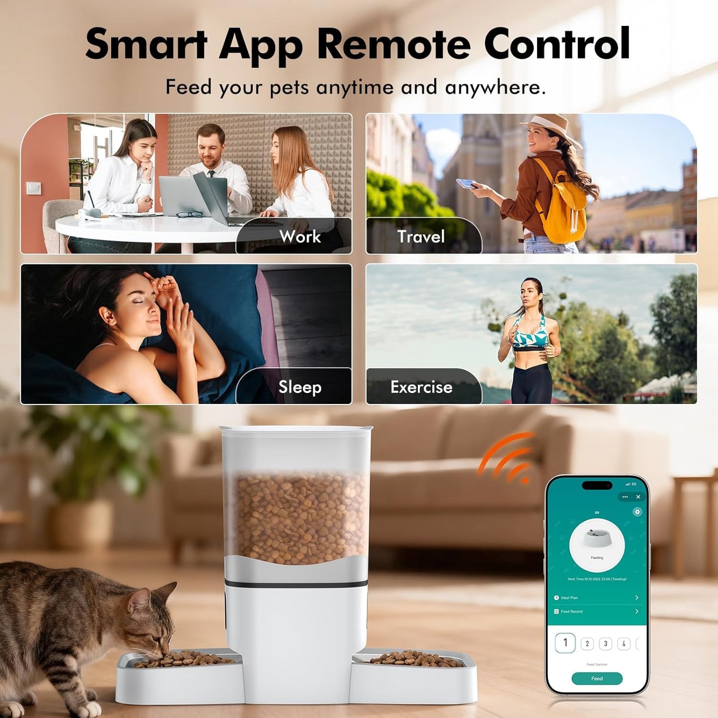 Automatic Cat Feeder for 2 Cats, 6L Automatic Cat Food Dispenser with 2 Stainless Steel Bowls, Timed Dry Food Dispenser with APP Control for Cats and Dogs, Dual Power Supply, 10s Voice Recorder