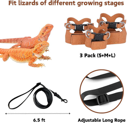3 Pack Bearded Dragon Harness and Leash Set - Adjustable Soft Leather Lizard Harness Leash Small Animal Traction Rope Training Walking Vest Accessories for Reptile Squirrel Rat (Brown)