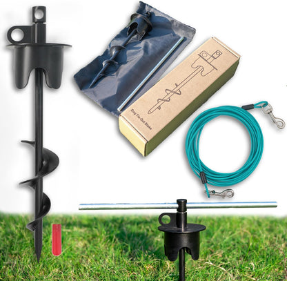 Dog Stakes for Outside Hold up to 250Lbs Dogs Heavy Duty Tie Out Tether Leash Chain for Yard Outdoor Camping Screw in Ground Anchor Set 13 inch Black, 15 FT Steel Cable