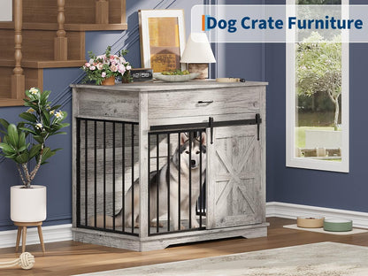 37.8" W Dog Crate Furniture for Small/Medium Dogs, 2-in-1 Iron-Wood Fusion Dog Cage Indoor As Side End Table, Farmhouse Dogs Kennel with Sliding Barn Doors & Storage Drawer, Grey
