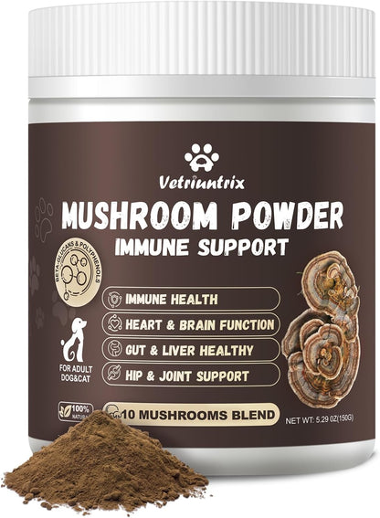 Turkey Tail Mushroom for Dogs, Organic 10 Mushroom Blend for Lumps and Bumps, Dog Herbal Supplements Probiotic with 50% β-Glucan, Joint Gut Immune Skin Support-60 Day Supply