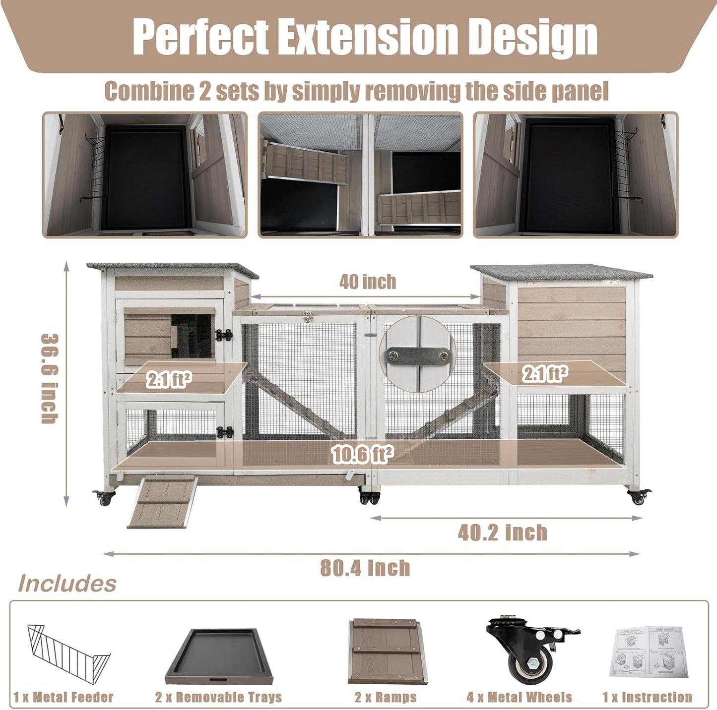 PetsCosset Rabbit Hutch Indoor 40" L Large 2 Story Outdoor Wooden Bunny Hutch with Run, 4 Metal Wheels & 2 Deeper Trays, UV-Proof Panel Rabbit Cage Guinea Pig Pet House for Small-Medium Animals
