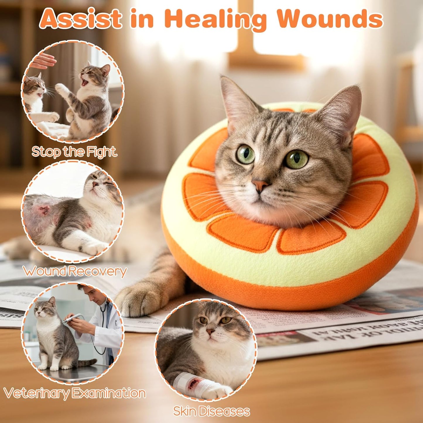 Soft Cat Cone Collar Cute Kitten Recovery Collar After Surgery to Stop Licking Adjustable Lightweight Elizabethan Neck Collar for Small Medium Large Cats Puppies Wound Healing, Orange
